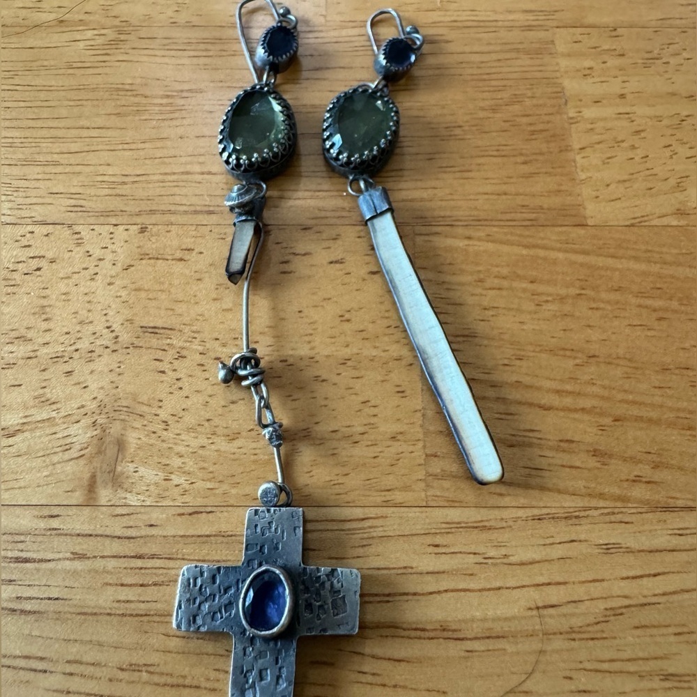Susan Lenart KAZMAR-of-a-kind asymmetrical SS earrings cross mastodon gemstone